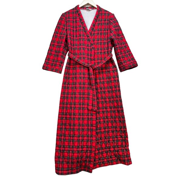 Vintage Lorraine Womens Robe Large Red Plaid Wrap Quilted Belted Retro Flannel - Picture 1 of 13